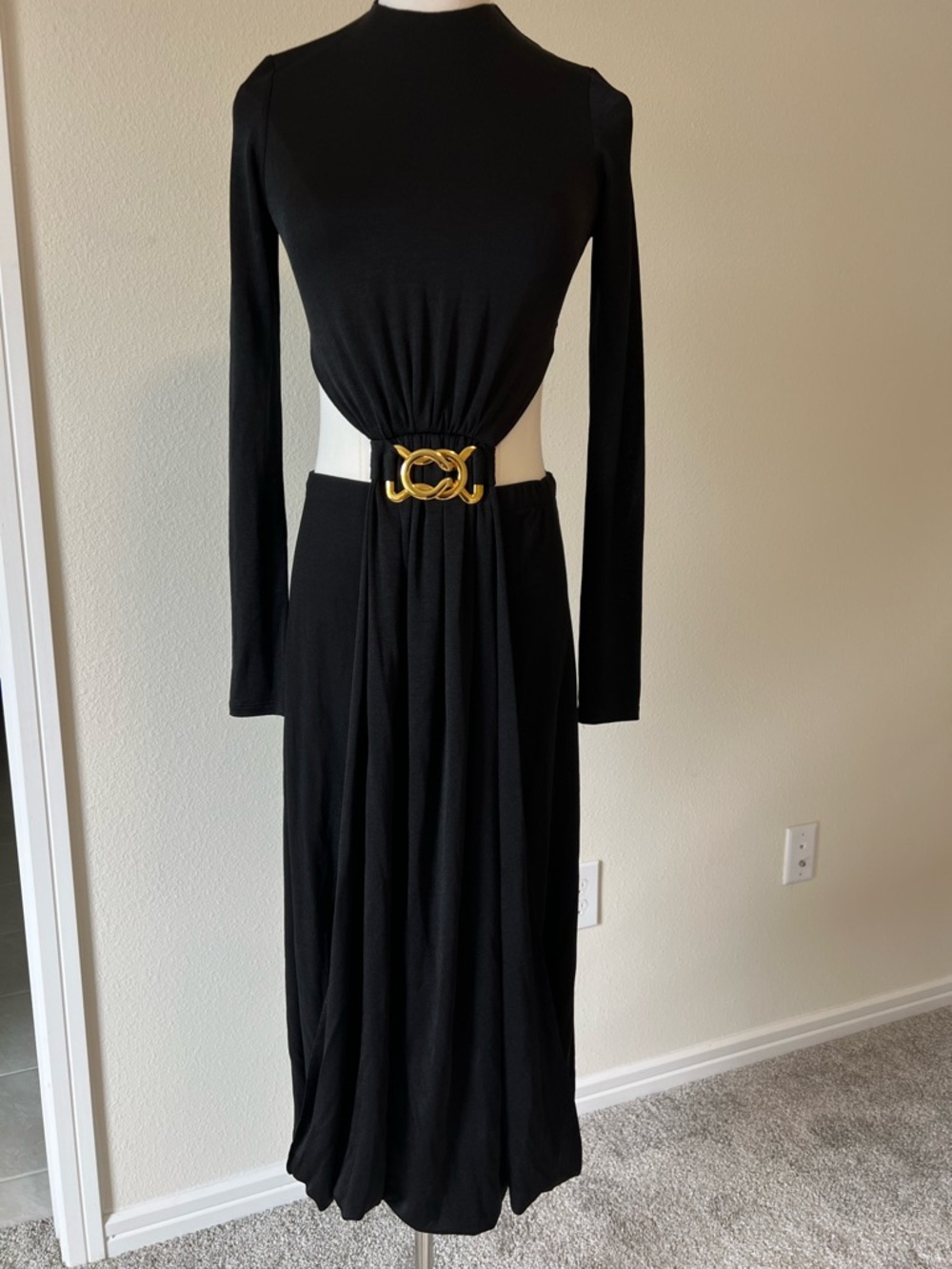 Dodo Bar Or Black Long Sleeve Midi Dress with Gold Buckle Detail